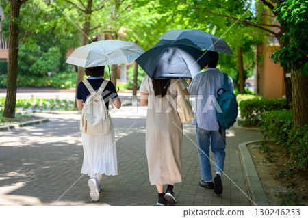 A group of boys and girls walking around the school with parasols 130246253
