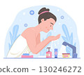 Healthy Woman Washing Her Face with Pure Water for Beauty Skin Treatment Concept Illustration 130246272