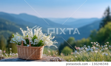 Basket full of lily of the valley flowers 130246348