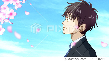 Cherry blossoms and petals, anime-style illustration of a male student or working man, with white space on the left Cherry blossoms and petals, anime-style illustration of a male student or working man, with white space on the left 130246499