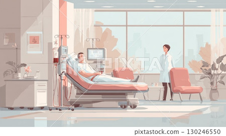 Patient undergoing dialysis with doctor standing nearby in hospital room 130246550