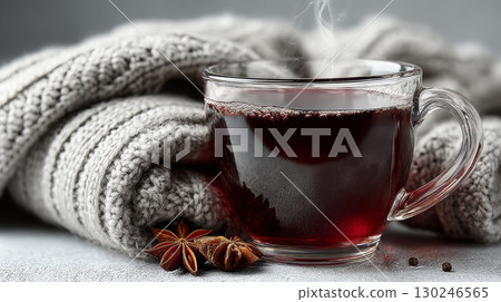 Warm mulled wine with spices and cozy blanket creating winter comfort 130246565