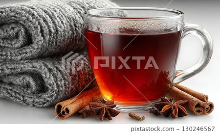 Warm mulled wine with spices and cozy blanket creating winter comfort 130246567
