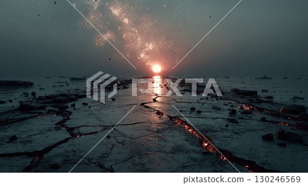 Sunset illuminating cracked lava field by the sea 130246569