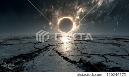 Black hole rising over cracked surface of alien planet 130246575