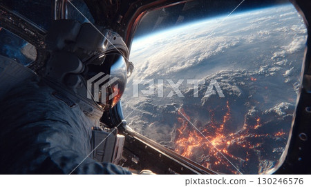 Astronaut observing wildfires from spacecraft window 130246576