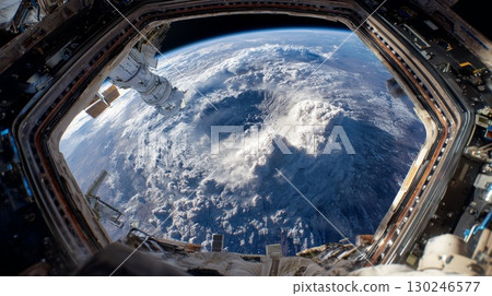 Cupola observational module of international space station framing earth and clouds 130246577
