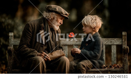 Child giving poppy flower to senior man on bench 130246581