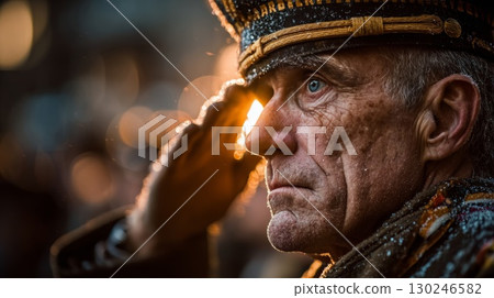 Senior veteran saluting with snowy military cap at sunset 130246582