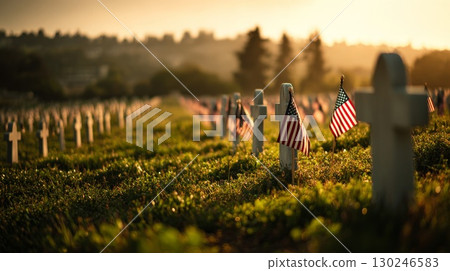 American flags waving over white crosses in a military cemetery at sunset 130246583