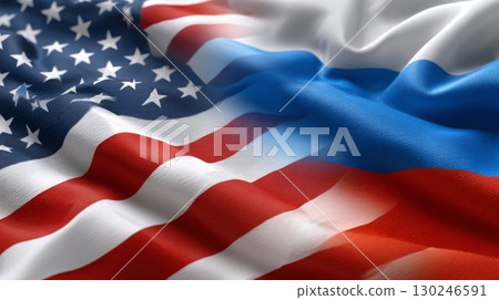 American and russian flags waving together: international relations concept 130246591