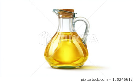 Small glass pitcher containing fresh vegetable oil on white background 130246612