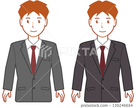 一位身穿灰色西裝、留著短髮、雙手垂下的年輕人 130246684