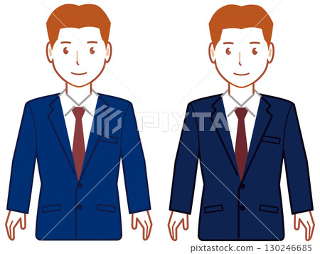 一位身穿海軍藍西裝、頭髮很短、雙手垂下的年輕人 130246685