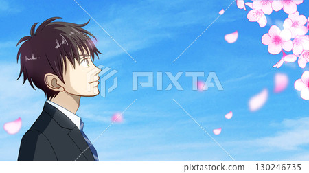 櫻花和花瓣，動漫風格的男學生或工人插圖，右側有空白 130246735
