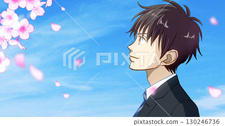 Cherry blossoms and petals, anime-style illustration of a male student or working man, with white space on the left 130246736