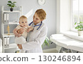 Young smiling caring female pediatrician holding newborn baby during consultation in medical office. 130246894
