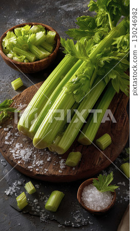 Celery, green and fresh, sits on wood board with scattered salt, creating vibrant, appetizing display, evoking feelings of healthy eating and natural goodness 130246982