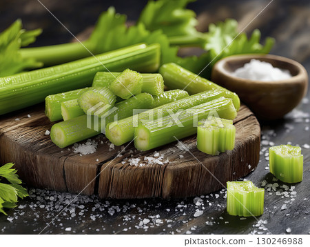 Fresh celery sticks and slices arranged on rustic wood cutting board alongside coarse salt, creating simple and wholesome food still life 130246988