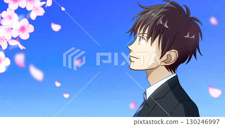Cherry blossoms and petals, anime-style illustration of a male student or working man, with white space on the left Cherry blossoms and petals, anime-style illustration of a male student or working man, with white space on the left 130246997