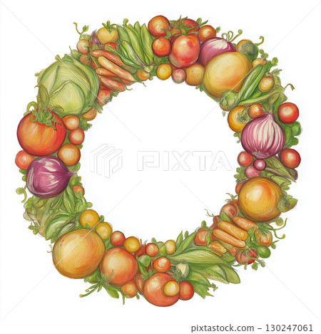 Vegetable wreath is making me feel festive and healthy it is decorative ring with tomatoes, carrot, cabbage, onion and other fresh produce that represents abundance 130247061