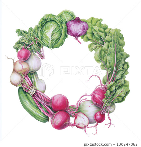 Delightful wreath of fresh cabbage onion garlic beet radish and cucumber radiating vibrant colors conveys joy of garden abundance and healthy eating 130247062