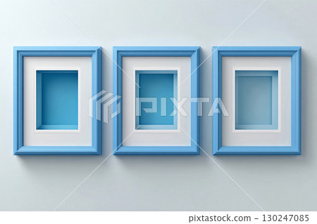 Home and lifestyle. Empty blue photo frame for a collage of three photos in a minimalist style on a white background. Home and lifestyle. Empty blue photo frame for a collage of three photos in a minimalist style on a white background. 130247085