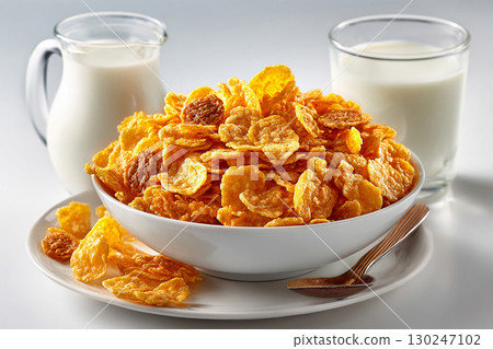 Easy meal prep. Top view of a tray of cornflakes on a bowl and milk jug on a white background. Classic breakfast. 130247102