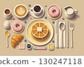Donuts, pancakes, and coffee breakfast cafe style illustration 130247118