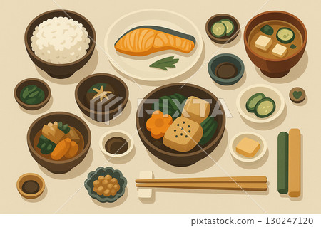 Illustration of a Japanese set meal with rice, miso soup, and pickles 130247120