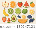 Illustrations of fruits such as apples, oranges, strawberries, and watermelons 130247121