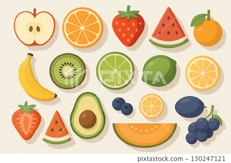 Illustrations of fruits such as apples, oranges, strawberries, and watermelons 130247121