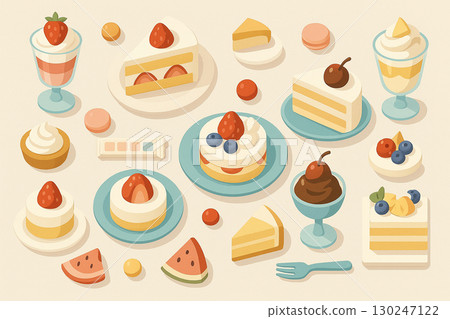 Cute dessert illustrations such as parfaits, tarts, and cakes 130247122