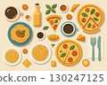 Flat illustration of pizza and pasta to enjoy in cafe 130247125