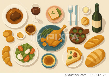 法式料理與葡萄酒桌搭配插畫 130247126