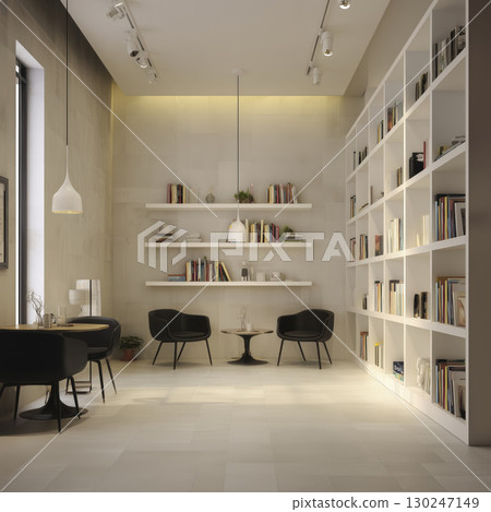 Modern white bookshelf, black chair, and elegant lighting create an inviting and cozy reading nook for relaxation and intellectual exploration 130247149