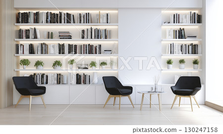 Modern minimalist style room with white bookshelves and black armchairs present bright and airy ambiance, evoking feeling of serenity and calm 130247158