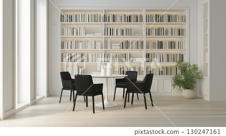 Modern minimalist style interior features white bookshelf and black chairs, creating serene ambiance for gathering with loved ones and sharing stories 130247161