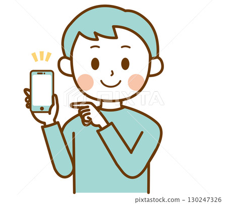 Illustration of a man pointing at a smartphone 130247326