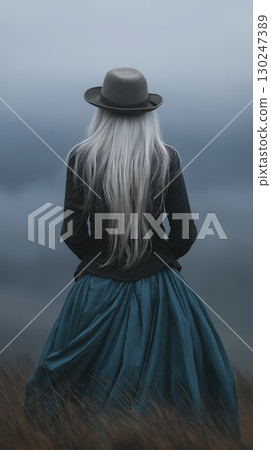 Woman with long white hair wearing emerald skirt gazing at misty landscape filled with peace and solitude, enveloped in an ethereal beauty 130247389