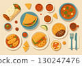 Colorful Mexican food illustrations including tacos, nachos, chili soup, etc. 130247476