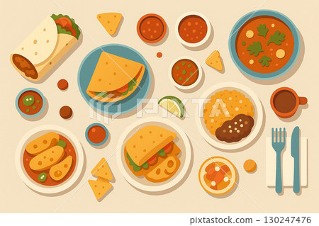 色彩豐富的墨西哥食物插圖，包括玉米餅、玉米片、辣椒湯等。 130247476