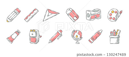 Education and School supplies . Hand drawn icon cartoon illustration collection . Set 2 of 3 . Vector . Education and School supplies . Hand drawn icon cartoon illustration collection . Set 2 of 3 . Vector . 130247489