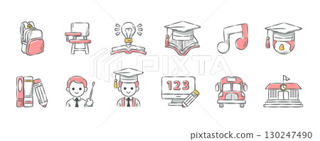 Education and School supplies . Hand drawn icon cartoon illustration collection . Set 3 of 3 . Vector . 130247490