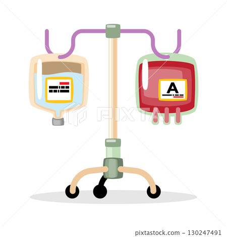 IV pole with saline solution and blood bag cartoon illustration on white isolated background . Vector . 130247491
