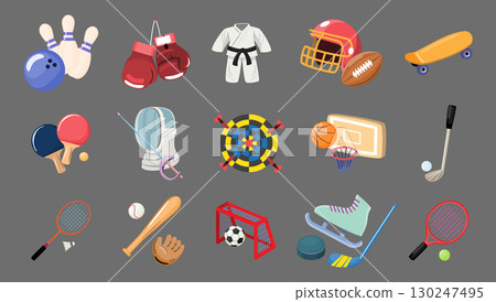 Sports equipment set cartoon illustration on gray isolated background . Vector . Sports equipment set cartoon illustration on gray isolated background . Vector . 130247495