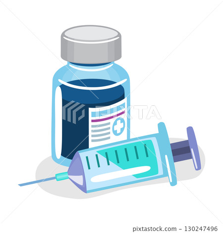 Vaccine vial and syringe cartoon illustration on white isolated background . Vector . 130247496