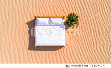 Minimalist desert landscape: cacti and a lonely bed 130247522