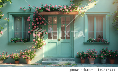 A lovely mint green cafe: the entrance is surrounded by roses 130247534