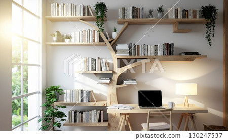 A stylish home office with a tree-shaped bookshelf 130247537